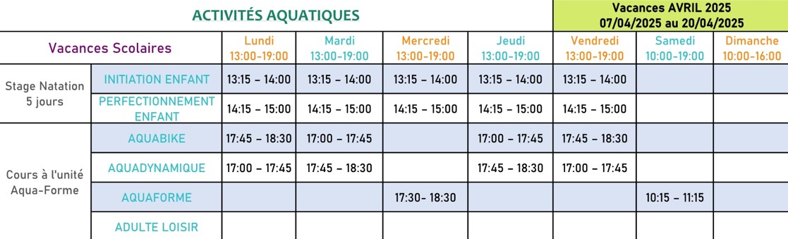 Planning piscine vacances Fevrier VDB